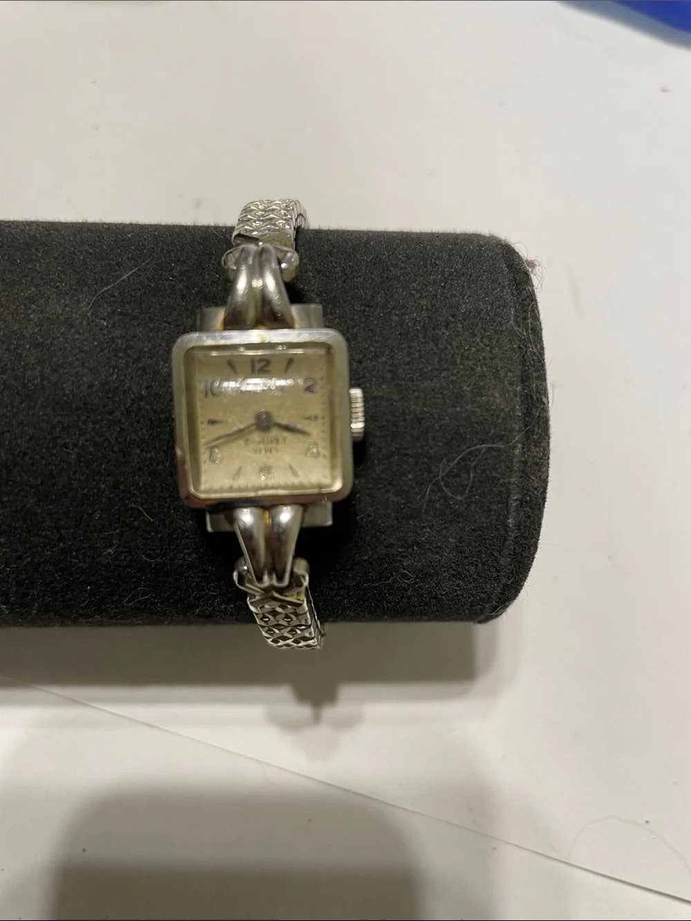 Vintage Eterna Silver-Tone Square Dial Stretch Bracelet Watch.  Needs Battery